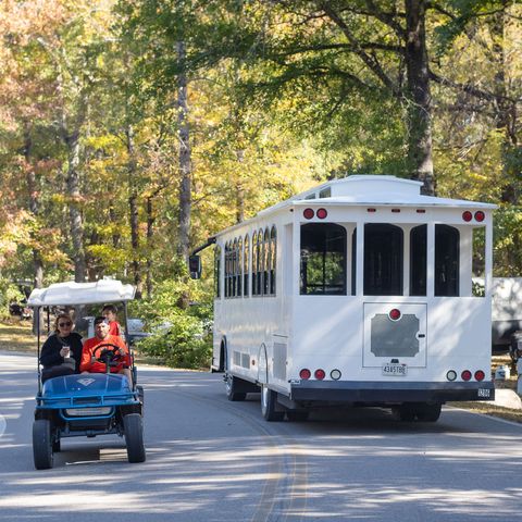 The white University Station shuttle trolley and a golf cart on a tree-lined park road in fall colors